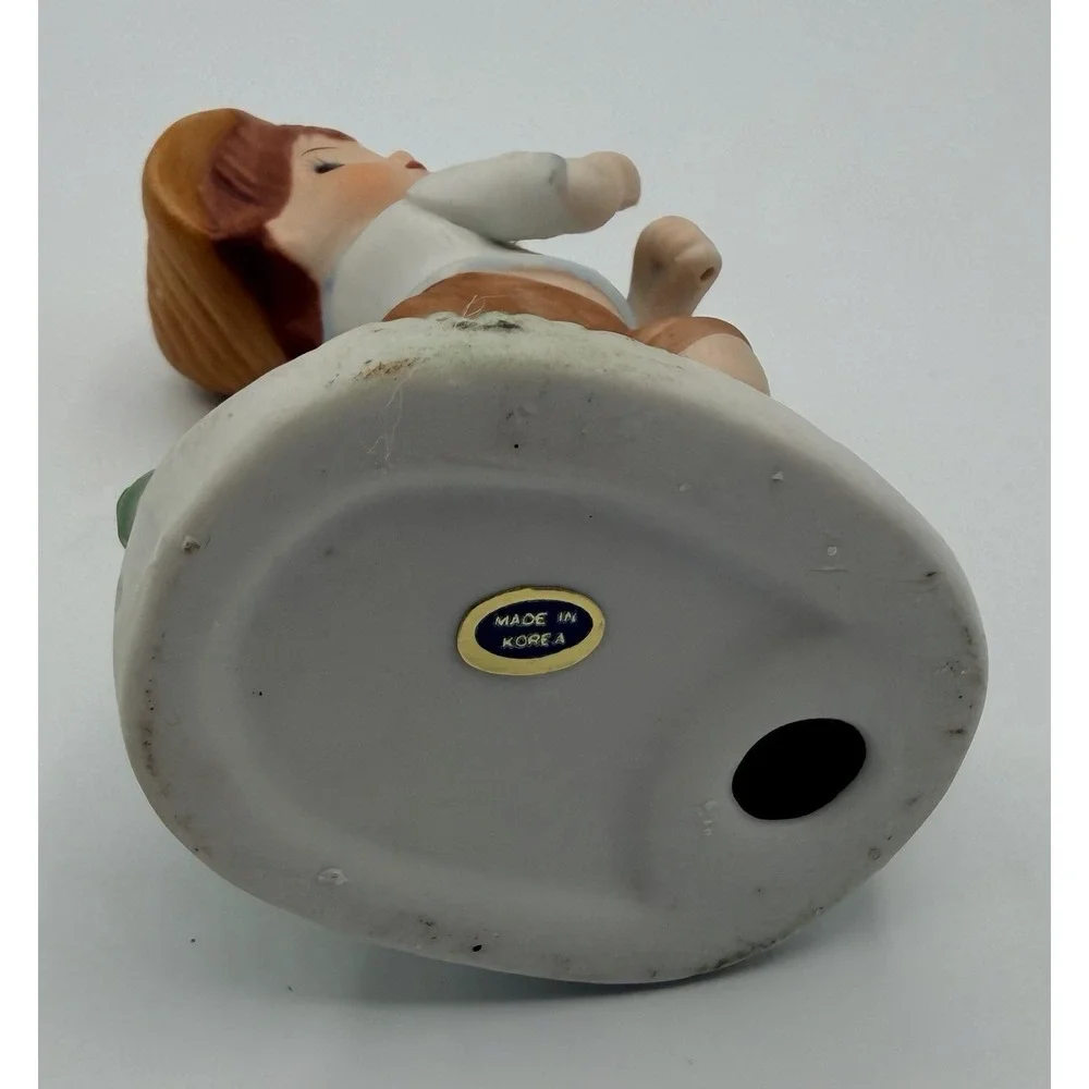 Vintage Korea Hand Painted Porcelain Cute Fishing Boy Figurine